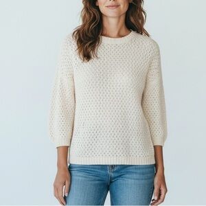 14th & Union Women’s Cream Crewneck Crochet Woven Sweater Small Petite NWT